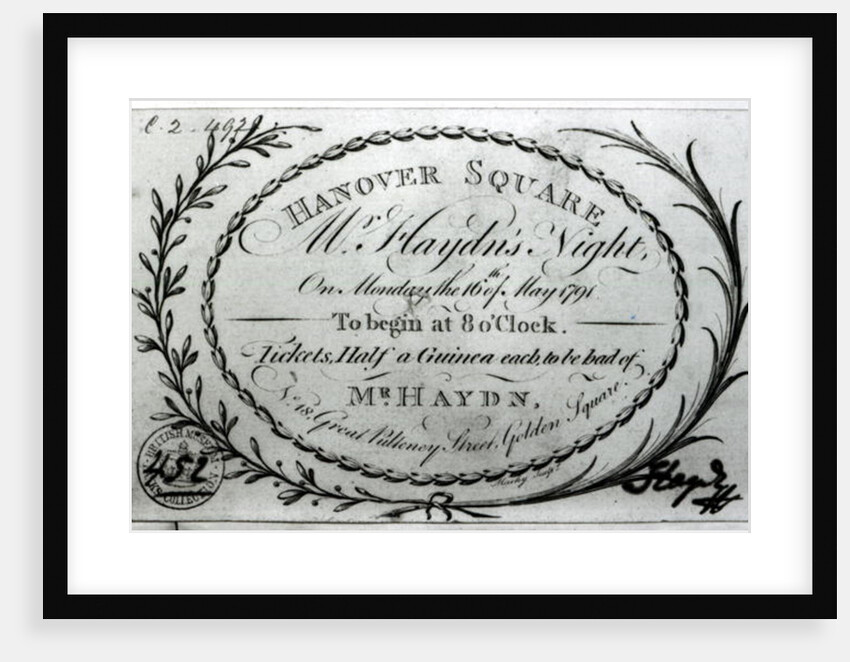 Ticket to 'Mr. Haydn's Night' in Hanover Square, 16th May 1791 by English School
