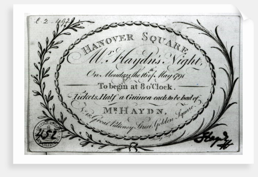Ticket to 'Mr. Haydn's Night' in Hanover Square, 16th May 1791 by English School