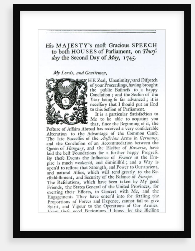 Royal Speech to both Houses of Parliament, 2nd May 1745 by English School