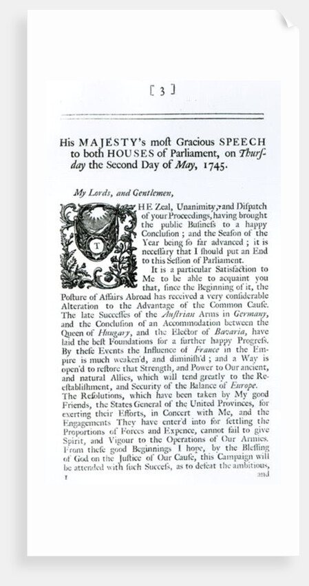Royal Speech to both Houses of Parliament, 2nd May 1745 by English School