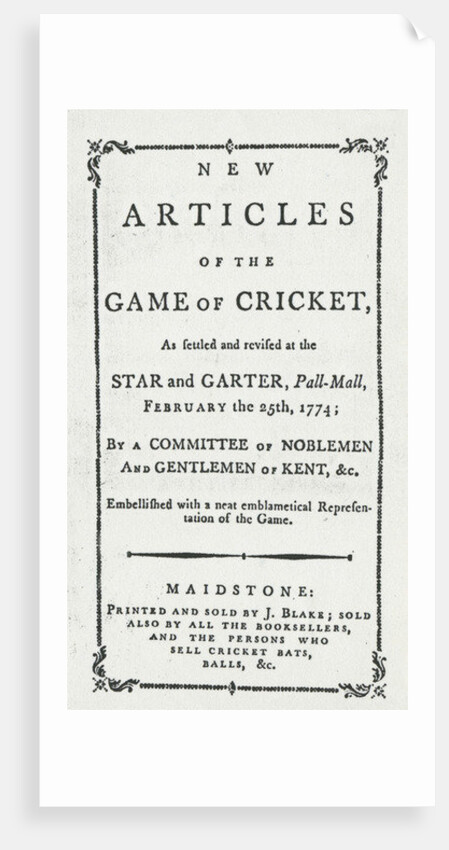 Titlepage of 'New Articles of the Game of Cricket', 1774 by English School