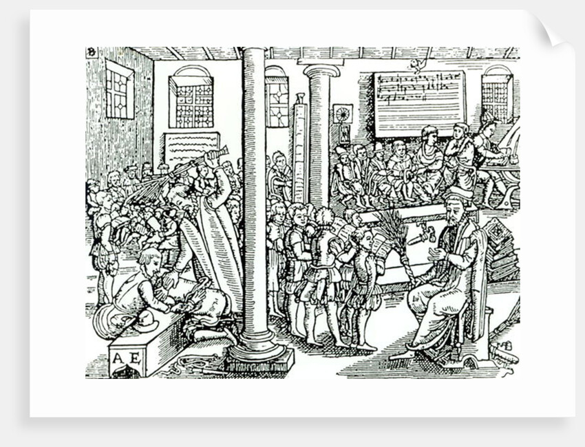 Schoolroom scene in Tudor times by English School