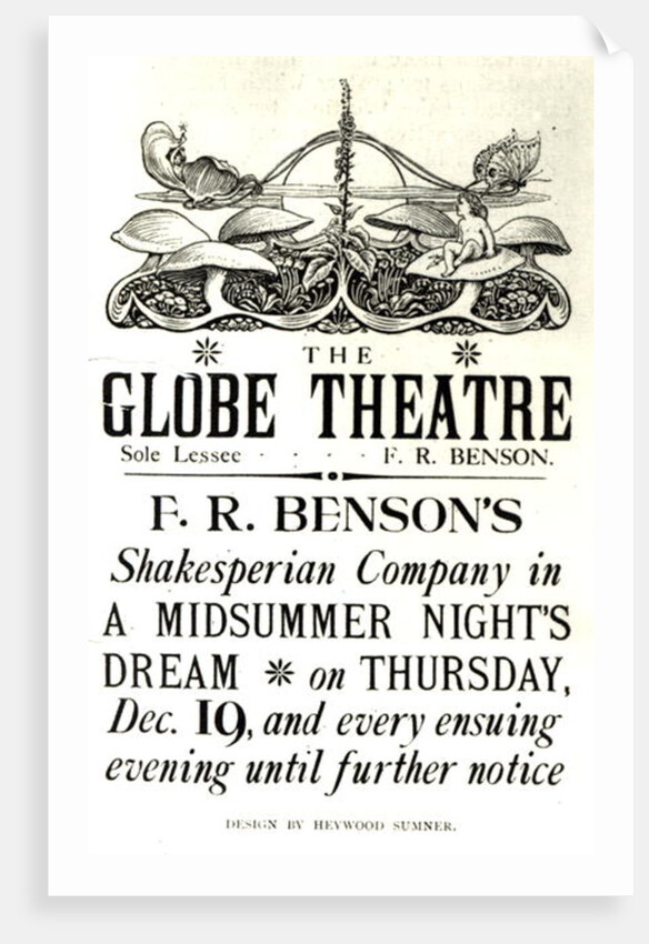 Poster advertising 'A Midsummer Night's Dream' by William Shakespeare performed by F.R Benson's Shakespearean Company at the Globe theatre, c.1890 by English School