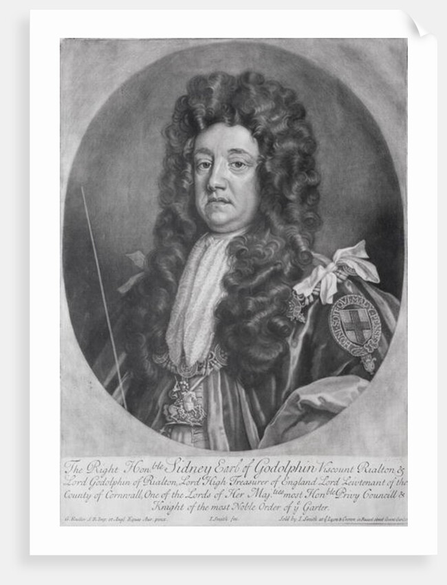 Portrait of Sidney Godolphin 1st Earl of Godolphin engraved and published by John Smith 1707 by Godfrey Kneller