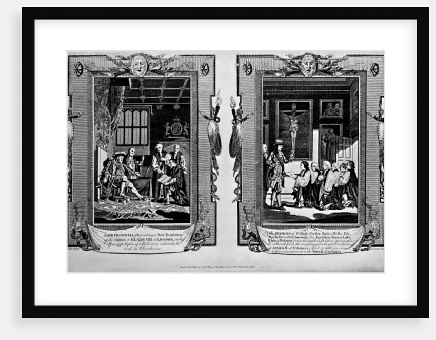 Lord Cromwell presents the bible to Henry VIII and Bishops presenting petition to James II in 1688 by English School