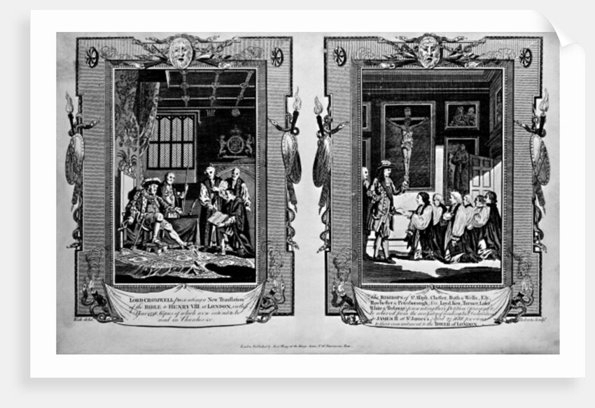 Lord Cromwell presents the bible to Henry VIII and Bishops presenting petition to James II in 1688 by English School