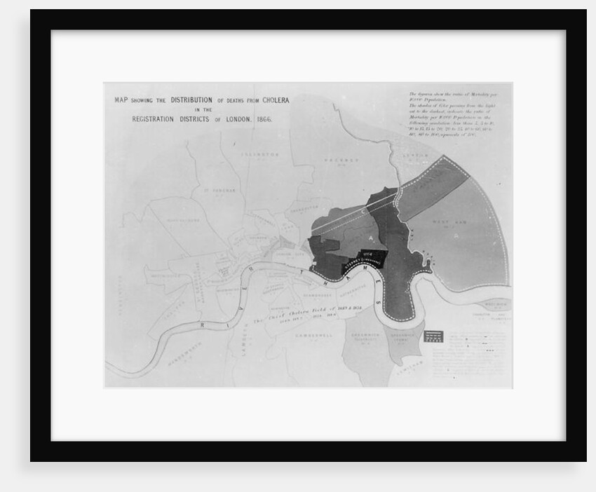 Map showing the Distribution of Deaths from Cholera in the Registration Districts of London, 1866 by English School