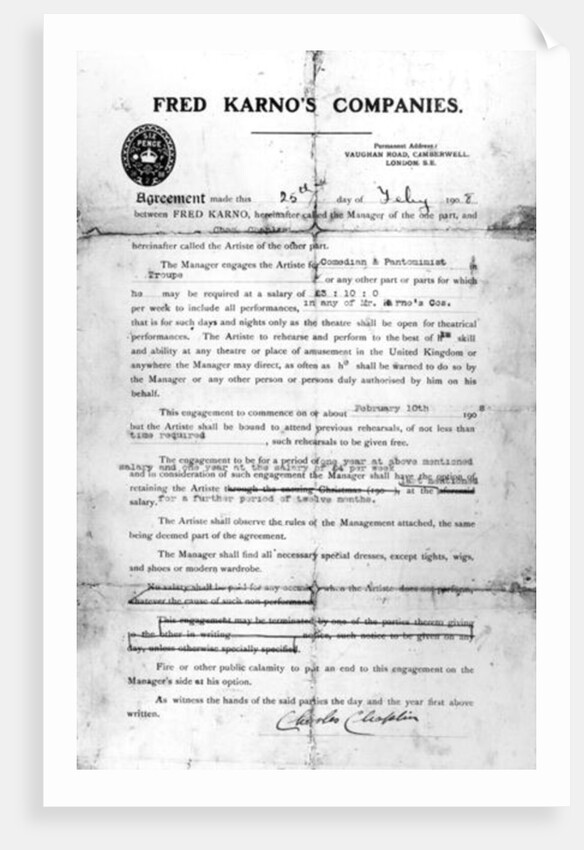 Agreement made between Fred Karno's Companies and Charles Chaplin, 25th July 1908 by English School