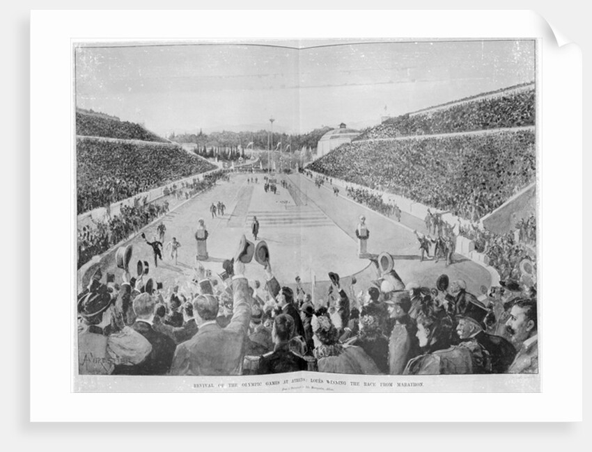 Revival of the Olympic Games in Athens: Loues winning the race from Marathon, 10th April 1896 by English School
