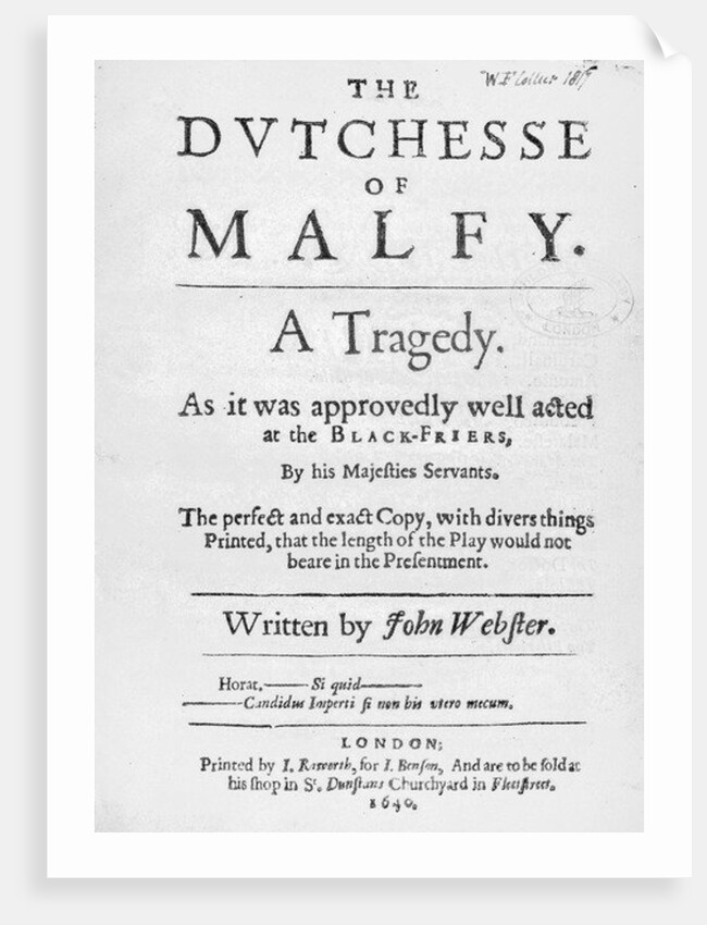 Title page of 'The Dutchesse of Malfy' by John Webster, 1640 by English School