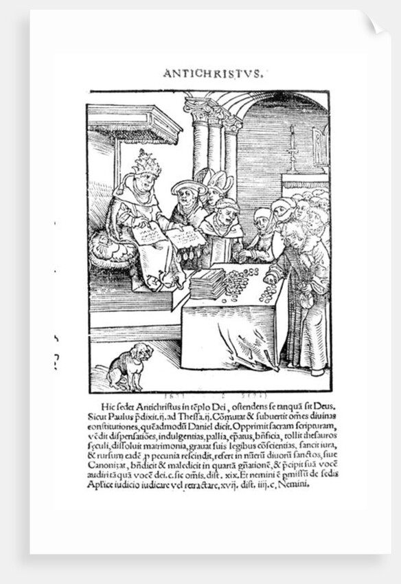 The Pope selling Indulgences from 'Passional Christi und Antichristi', published in 1521 by Lucas The Elder Cranach