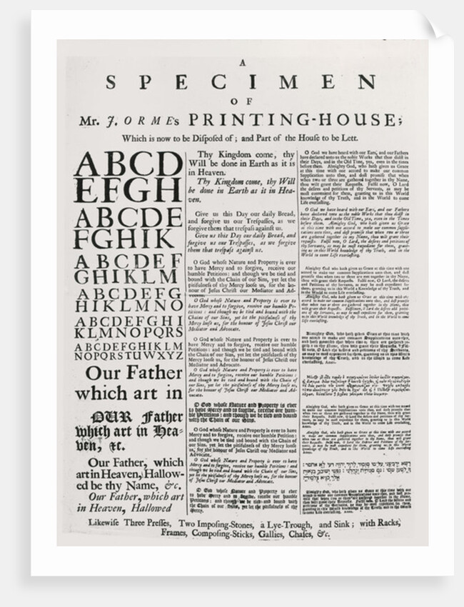 A Specimen of Mr. J. Orme's Printing-house, 1698 by English School