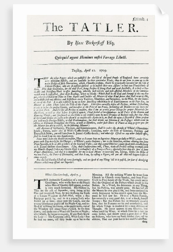First issue of 'The Tatler, 1709 by English School