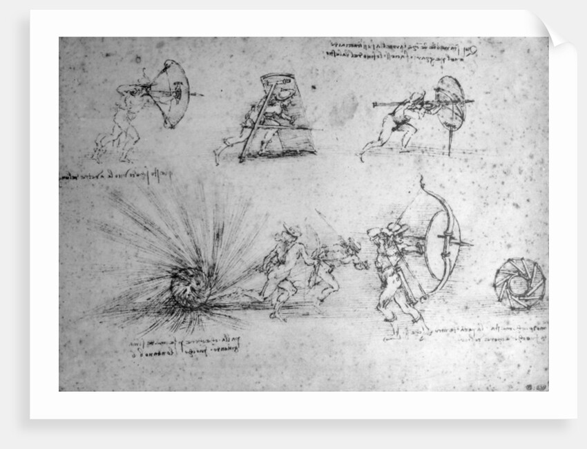 Study with Shields for Foot Soldiers and an Exploding Bomb, c.1485-88 by Leonardo da Vinci