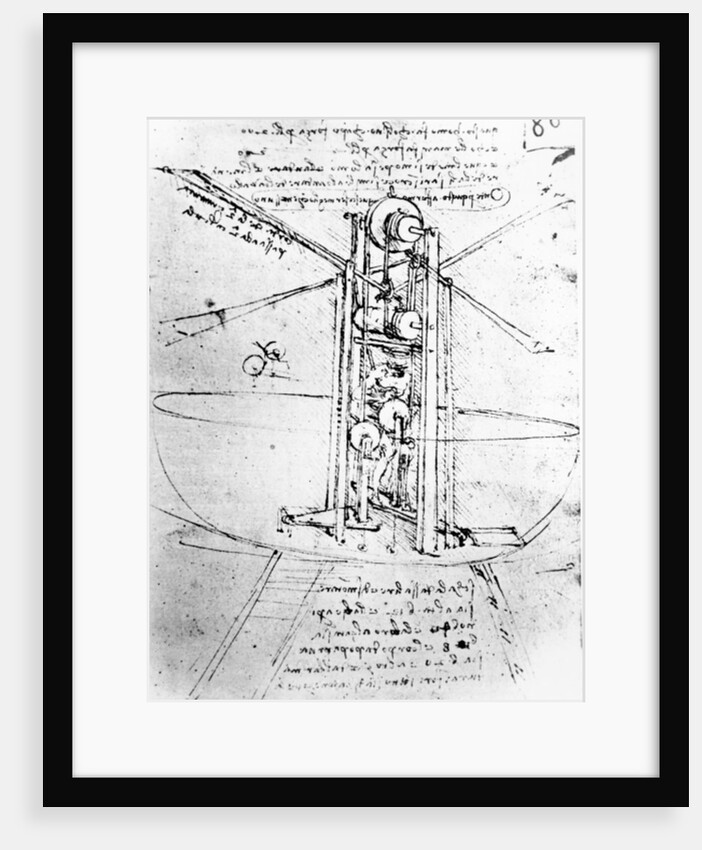 Vertically standing bird's-winged flying machine, fol. 80r from Paris Manuscript B, 1488-90 by Leonardo da Vinci