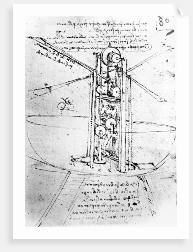 Vertically standing bird's-winged flying machine, fol. 80r from Paris Manuscript B, 1488-90 by Leonardo da Vinci