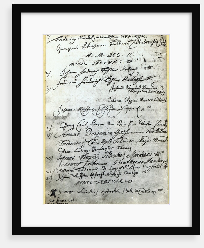 Entry in the Halle University records, showing Handel's name, 1702 by German School