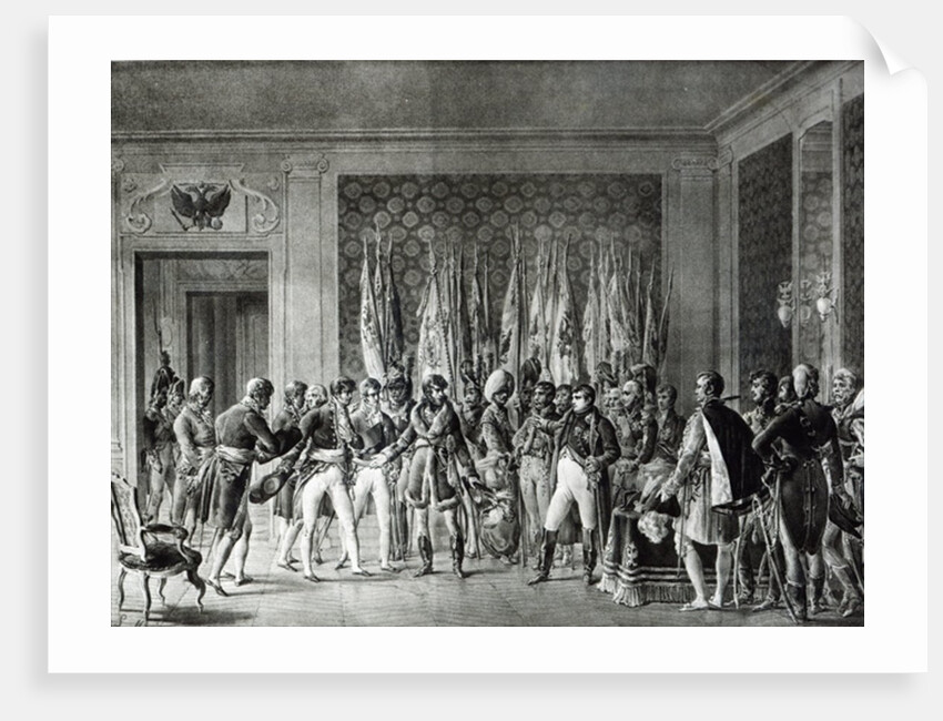 Napoleon gives the flags won at Austerlitz in 1805 to the Mayors of Paris visiting him at Schonbrunn by L. Marin