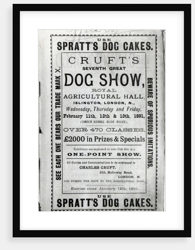 Poster advertising Cruft's Dog Show at the Royal Agricultural Hall in Islington, London in 1891 by English School