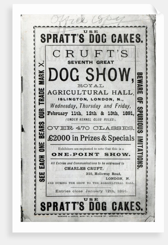 Poster advertising Cruft's Dog Show at the Royal Agricultural Hall in Islington, London in 1891 by English School