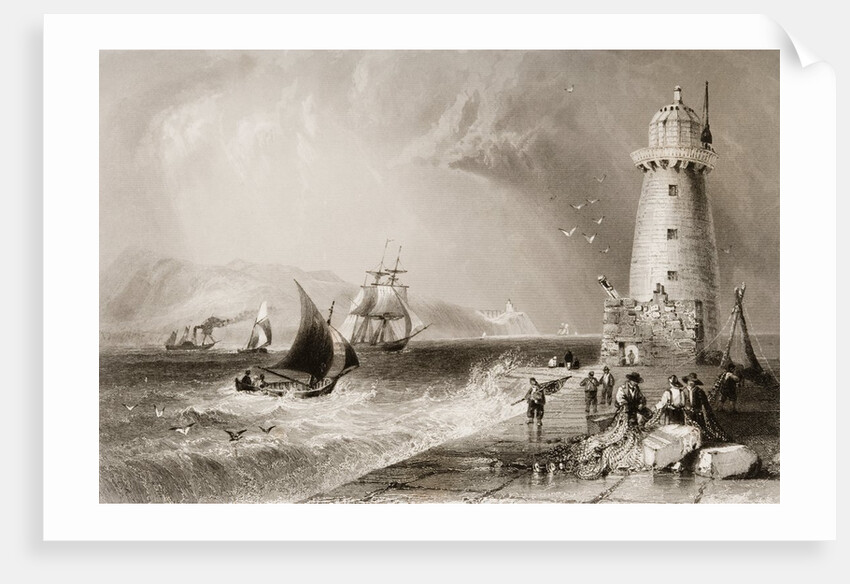 South Wall Lighthouse with Howth Hill in the Distance, Dublin by William Henry (after) Bartlett