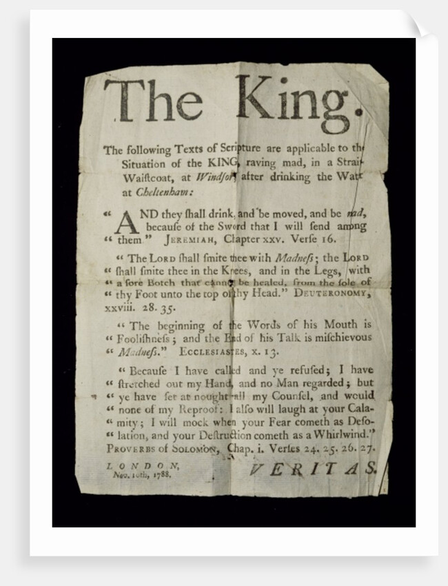 Broadsheet discussing the Madness of King George III, 1788 by English School