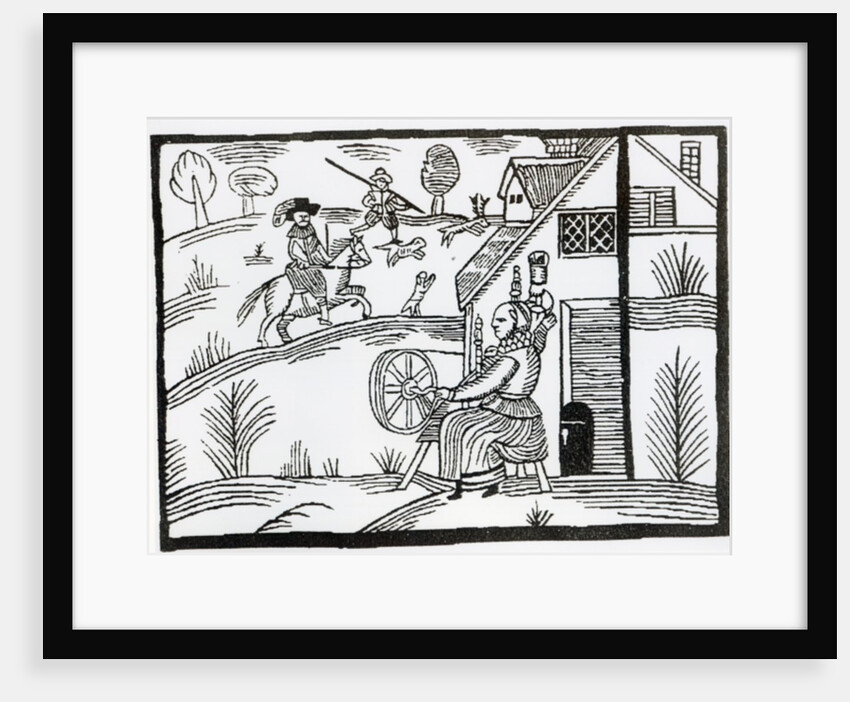 A Country Scene with a woman spinning and two men hunting a stag by English School