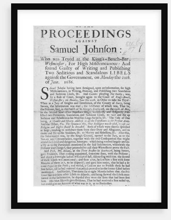 An Account of the Proceedings against Samuel Johnson, 1686 by English School