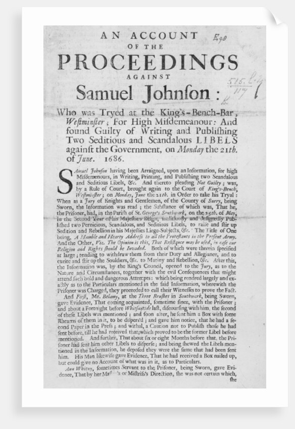 An Account of the Proceedings against Samuel Johnson, 1686 by English School