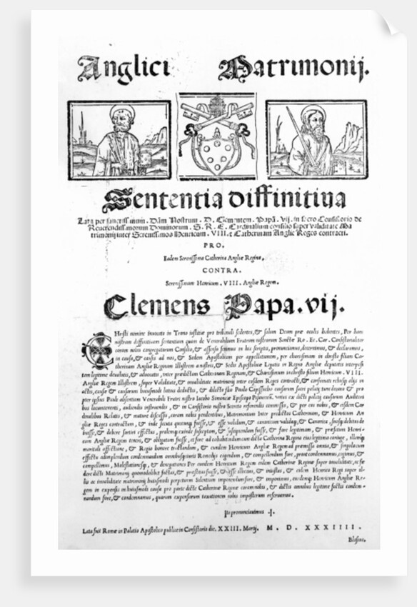 Document declaring the Pope's judgment on the validity of the marriage of Henry VIII and Catherine of Aragon, 1534 by Italian School