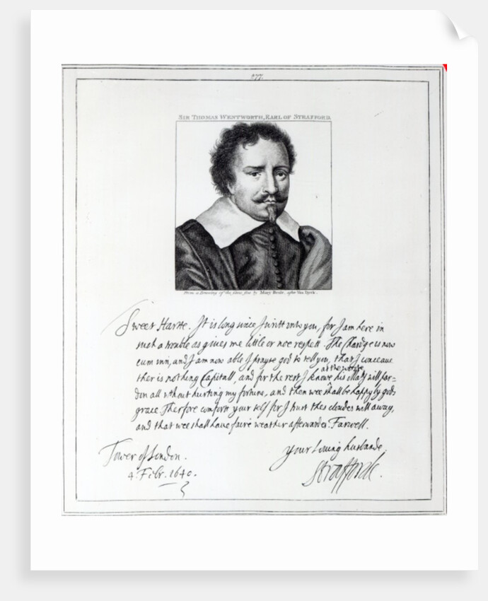 Thomas Wentworth, 1st Earl of Strafford, engraved after a drawing by Mary Beale, 1793 by Anthony van Dyck