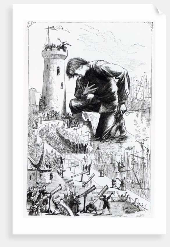 Gulliver kneels before the Lilliputians after stealing the Blefuscudian fleet by Thomas Morten