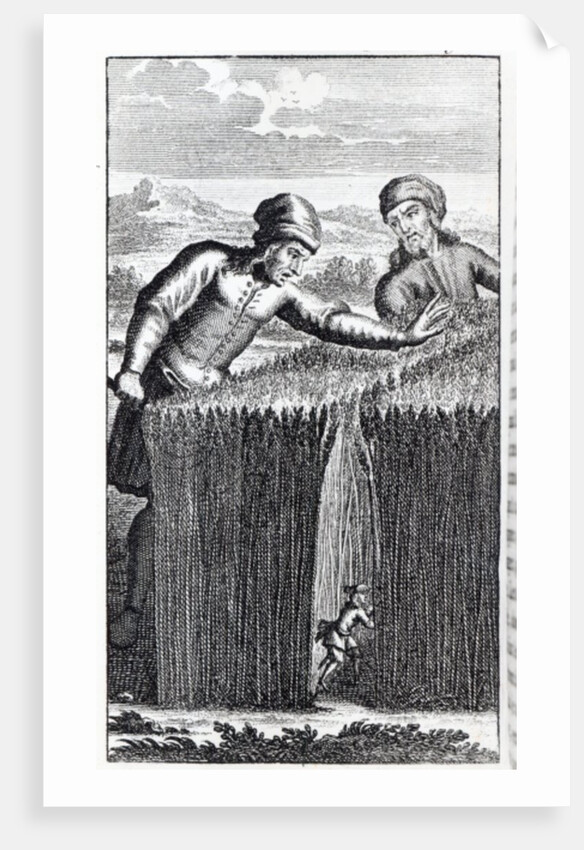 Gulliver is discovered by a farmer in Brobdingnag by English School