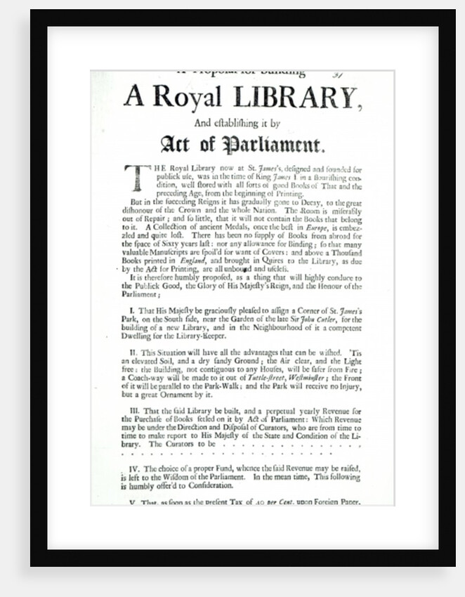 A Proposal for building a Royal Library, 1697 by English School