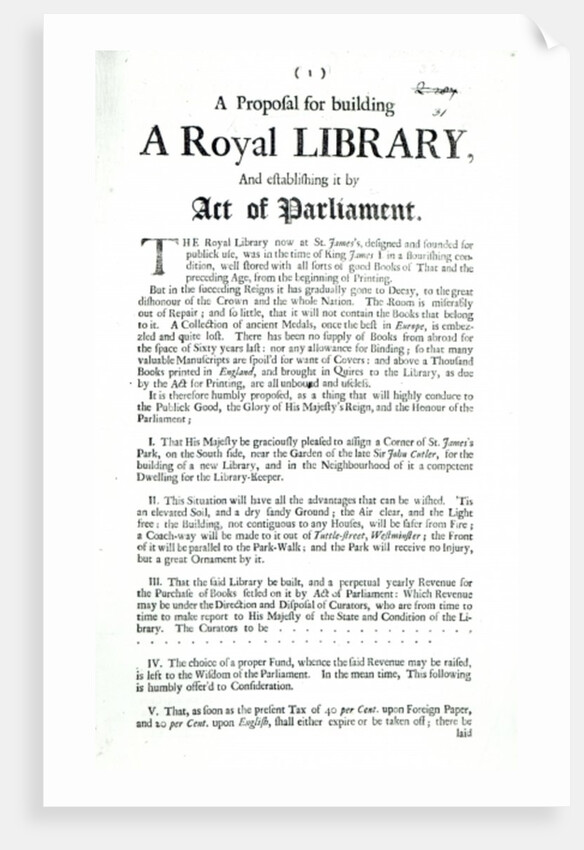 A Proposal for building a Royal Library, 1697 by English School