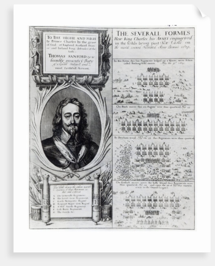 Portrait of King Charles I with diagrams showing the formation of his troops during the Bishops' War, c.1639 by Wenceslaus Hollar