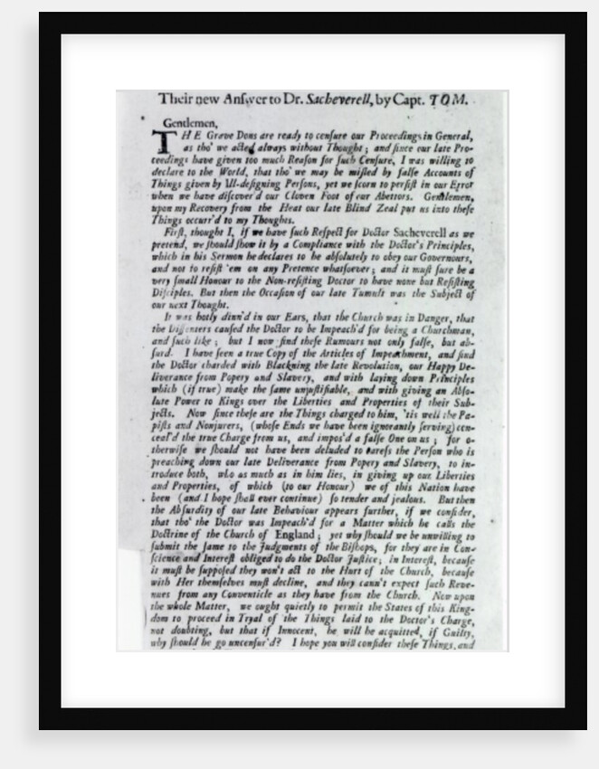 The Captain of the Mobs Declaration or, Their new Answer to Dr. Sacheverell, by Captain Tom, 1710 by English School