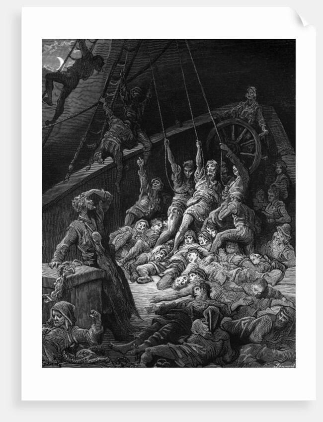 The dead sailors rise up and start to work the ropes of the ship so that it begins to move by Gustave Dore