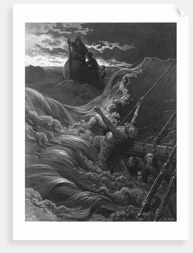 The mariner, as his ship is sinking, sees the boat with the Hermit and Pilot by Gustave Dore