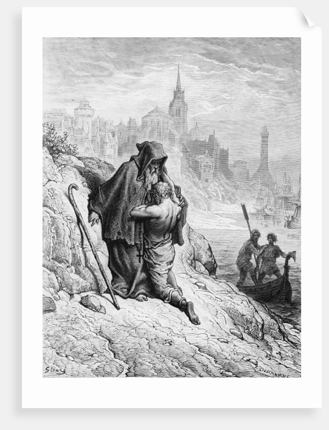 The Mariner begs the Hermit to give him absolution from his sin by Gustave Dore