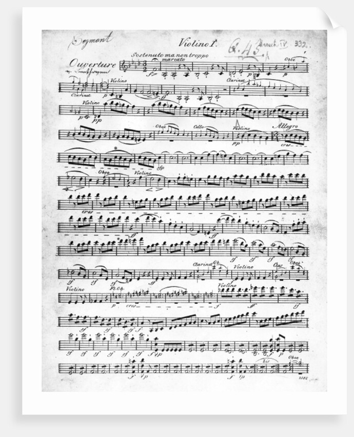 Sheet Music for the Overture to 'Egmont' by Ludwig van Beethoven, written between 1809-10 by German School