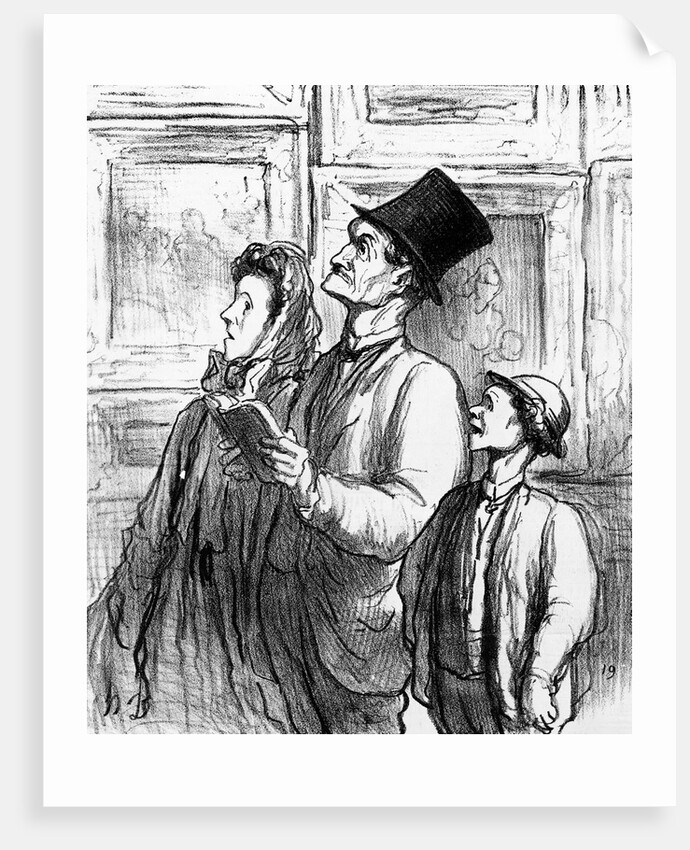 Family visiting the Paris salon of 1863 and commenting on the painting 'Olympia' by Manet, cartoon from 'Charivari' magazine, 19 June, 1865 by Honore Daumier