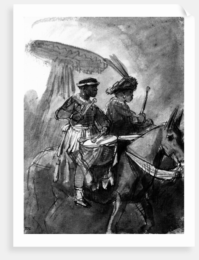 A Drummer and Commander mounted on mules, c.1638 by Rembrandt Harmensz. van Rijn