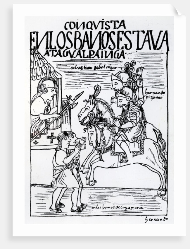 Sebastian de Benalcazar and Hernando Pizarro confront Atahualpa Inca at the Royal Baths in Cajamarca by Felipe Huaman Poma de Ayala