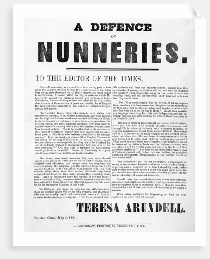 A Defence of Nunneries by Theresa Arundell, 1851 by English School