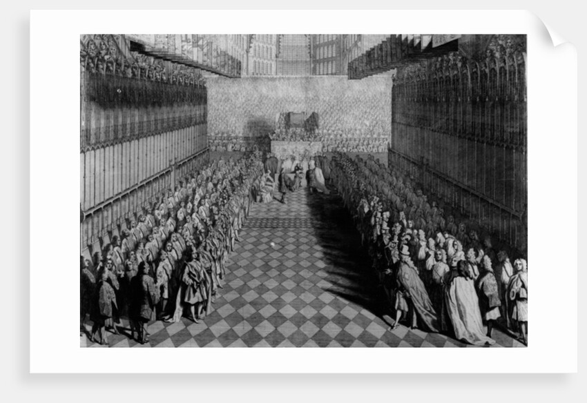 Prince William offering his sword to the Dean, at the Altar, the Knights Standing under their Banners, published in 1730 by Joseph Highmore