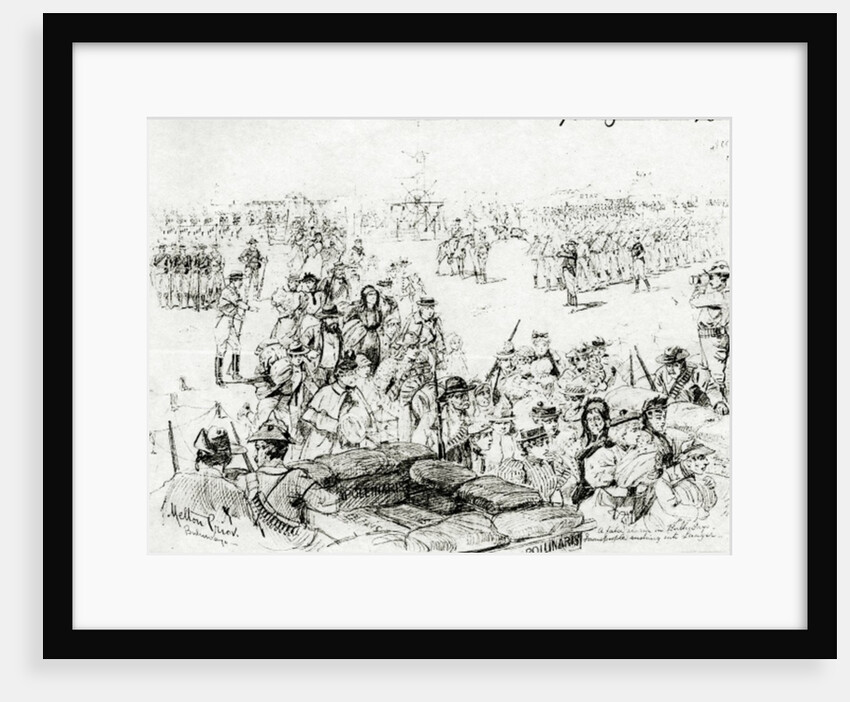 The Matabele Insurrection: A false alarm in Bulawayo, townspeople rushing into Laager by Melton Prior