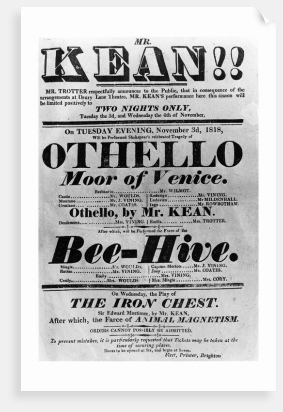 Theatre Bill advertising perfomances of Mr. Kean, 1818 by English School