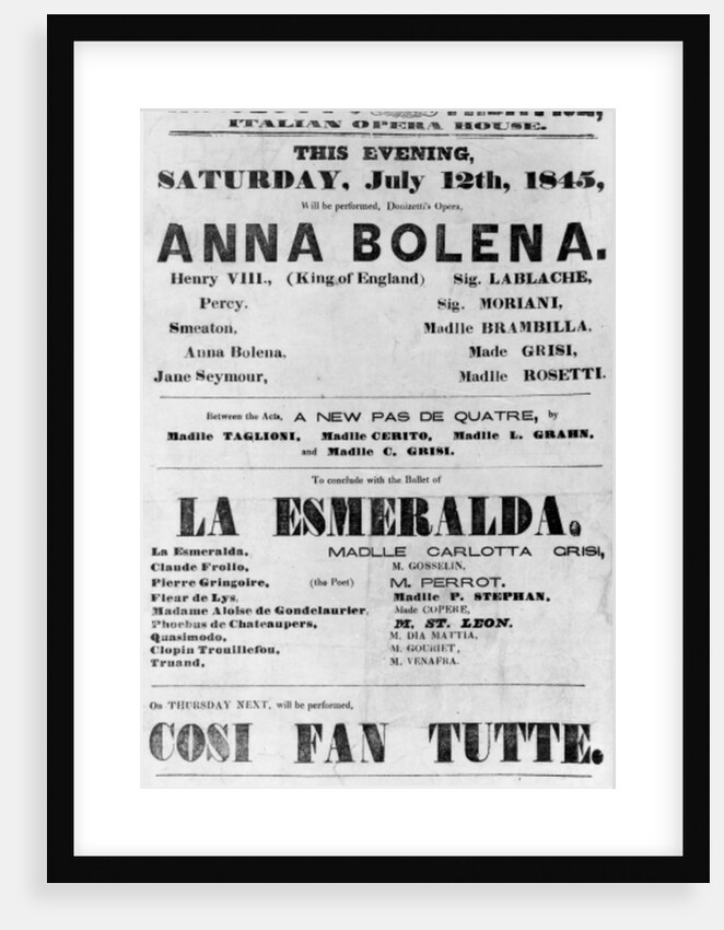 Playbill for Her Majesty's Theatre, Italian Opera House, 1845 by English School
