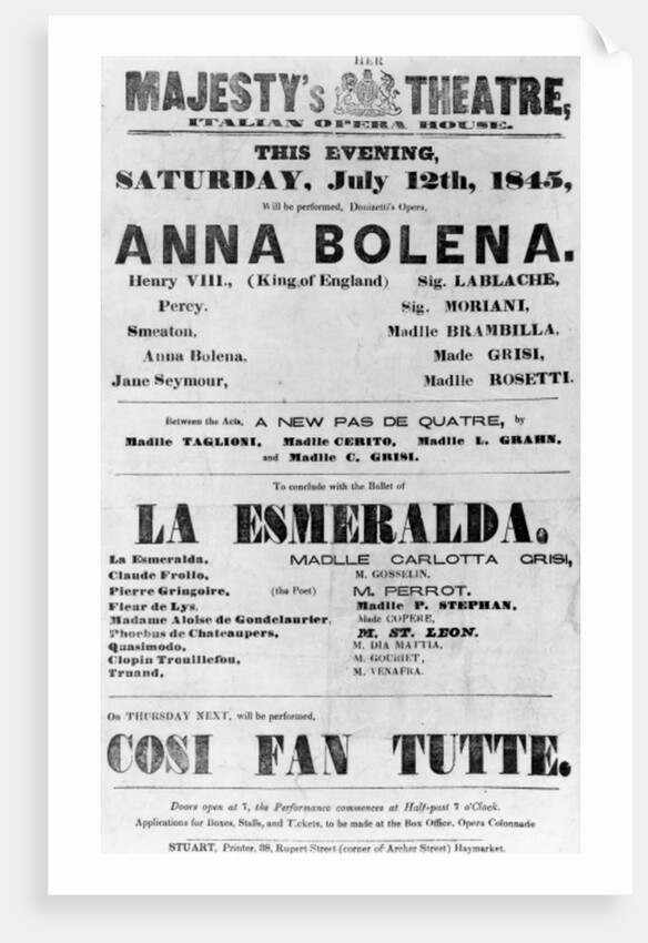 Playbill for Her Majesty's Theatre, Italian Opera House, 1845 by English School